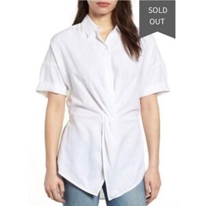 Caslon Women's Twist Front Linen Blend‎ Collared Blouse White Sz Small Petite